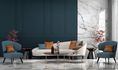 Modern konforlu ev ve dekorasyon ve oturma odası iç tasarımı ve boş mavi ve mermer desenli duvar arka planı