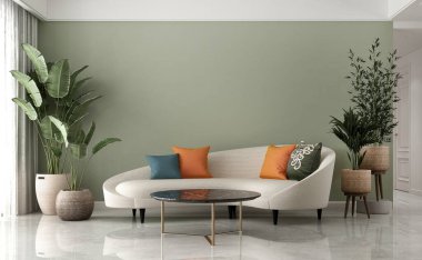 Modern lüks oturma odası ve dekorasyon mobilyaları ve yeşil duvar desenlerini ve bitki dekorasyonunu taklit ediyor.