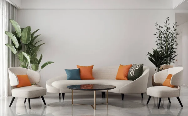 Modernes Wohnzimmer Interieur Und Dekoration Attrappen Möbel Und Weiße Wandmuster — Stockfoto