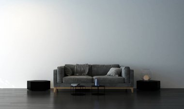 Modern tasarım oturma odası ve dekoratif oturma odası kanepe ve boş beyaz duvar dokusu iç dekorasyonunu oluşturur..