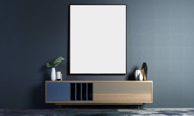 Modern lüks oturma odası ve dekoratif mobilyalar ve mavi duvardaki boş çerçeve.