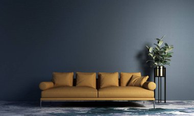 Modern konforlu oturma odası ve dekoratif koltuk ve mavi boş duvar dokusu iç dekorasyonu..