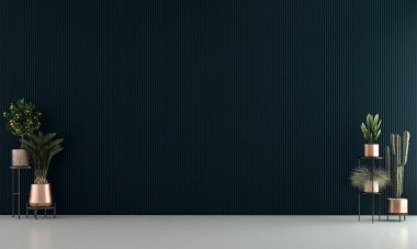 Modern tasarım boş oturma odası iç ve siyah desenli duvar arkaplanı, 3D görüntüleme