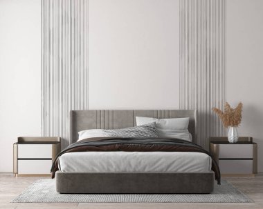 Modern konforlu tasarım yatak odası iç dekorasyonu ve beyaz desenli duvar arka planı, 3D görüntüleme