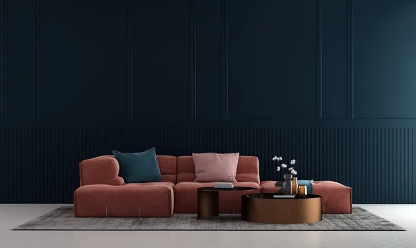 Modern Design Living Room Interior Black Pattern Wall Background Rendering — Foto de Stock