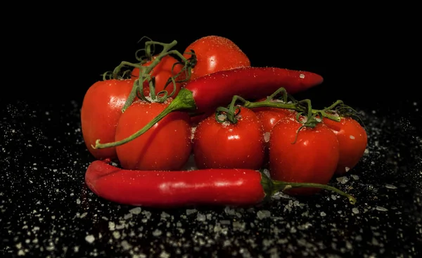 Salted Tomatoes Peppers Black Backround — Photo