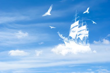 Fantasy ship in clouds clipart