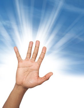 Open hand over sky background clipart