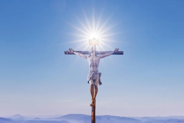 Cruz Conceitual Forma Símbolo Religião Sobre Fundo Céu Para Deus — Fotografia de Stock