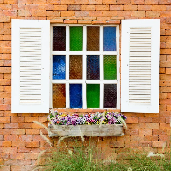 Open Window With On red brick Wall — Stock Photo, Image