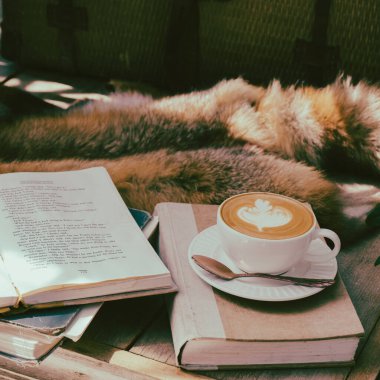 Masanın üzerinde bir fincan kahve ve defter filtresi.