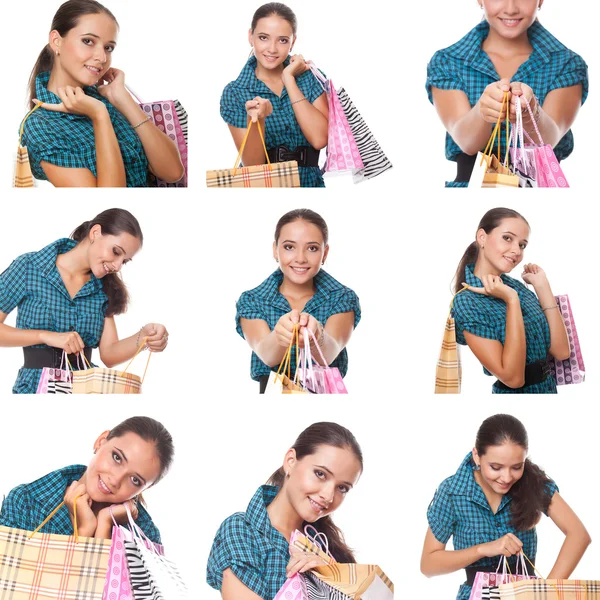 Collage av bilder unga shoppare kvinna — Stockfoto