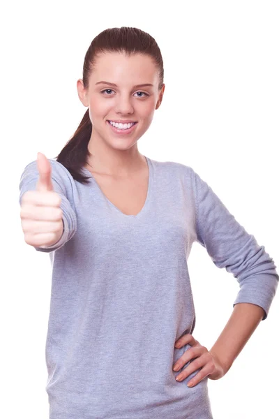 Hermosa mujer sonriente con los pulgares arriba — Foto de Stock