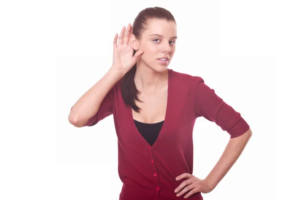 Young woman listen carefully whisper or gossip — Stock Photo, Image