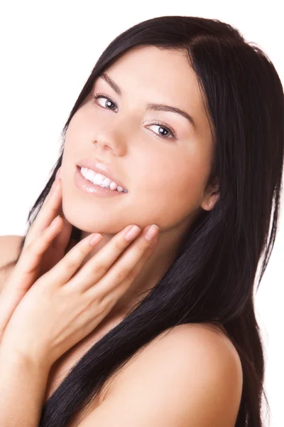 Vrouw aanraken haar gezicht twee handen — Stockfoto