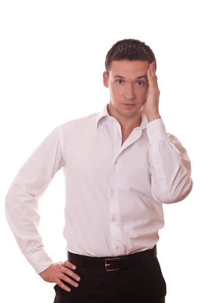 Man holds hand to his temple — Stock Photo, Image