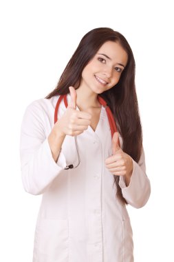 kadın doktor başparmak yukarıya ile