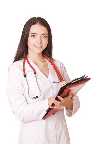 Amigable médico mujer escribir receta —  Fotos de Stock