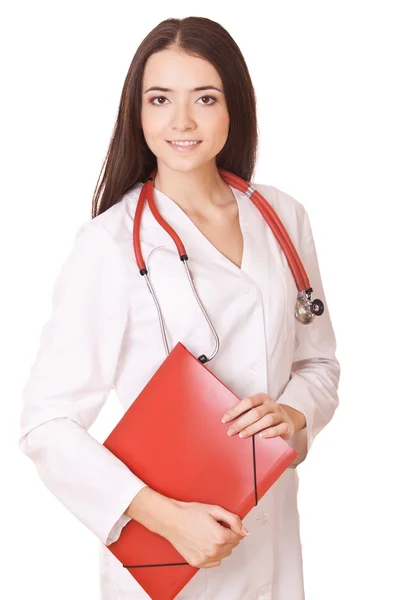 Vriendelijke vrouwelijke arts met mappen — Stockfoto