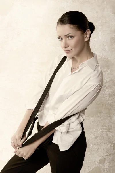 Woman in shirt with suspenders — Stock Photo, Image