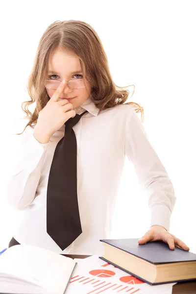 Little business girl adjusts his glasses — Stock Photo, Image