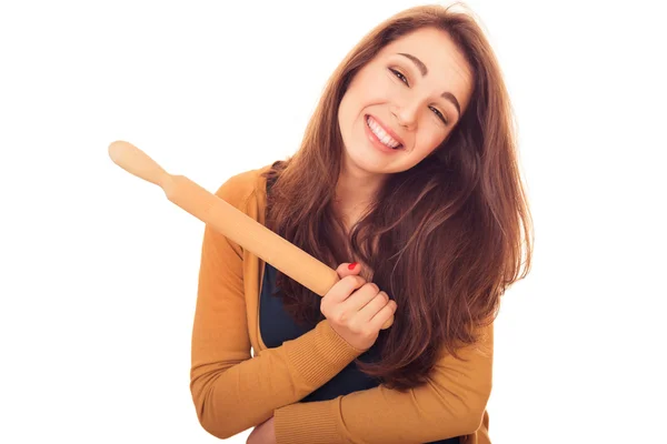 Mulher sorridente com rolo-pin — Fotografia de Stock