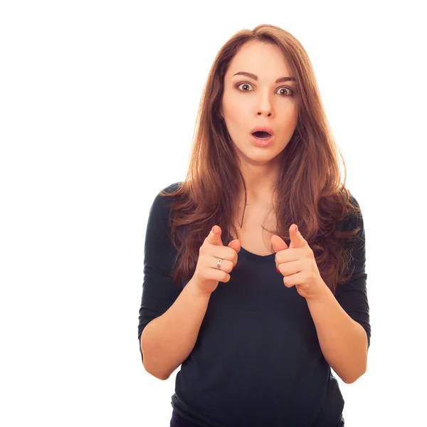 Surprised woman shows finger on you — Stock Photo, Image