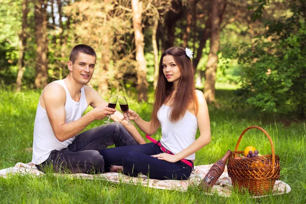 Happy couple at picnic and drinking wine — Stock Photo, Image