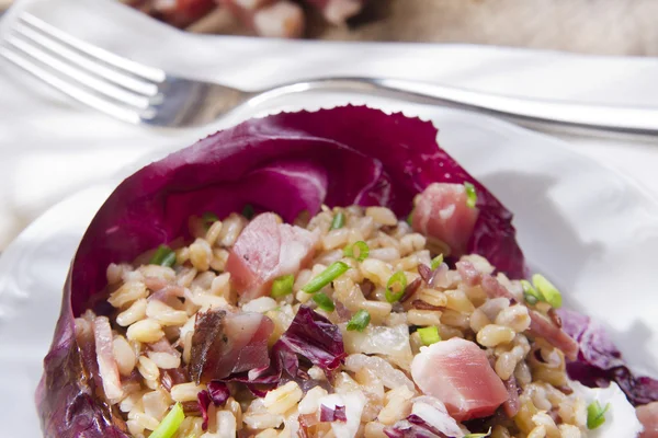 Brown rice with red radicchio and speck — Stock Photo, Image