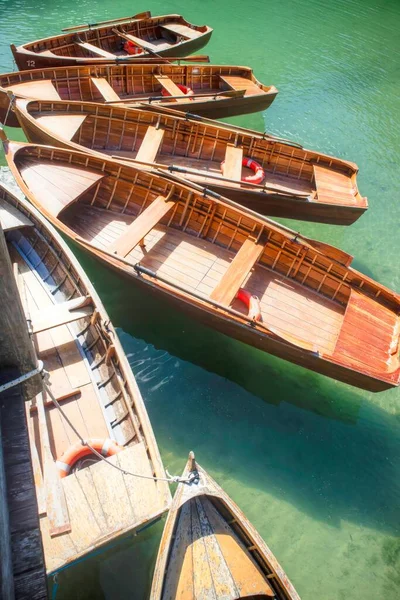 Characteristic Lego Boats Made Available Tourists Lake Braies Mountain Range — Stock Photo, Image