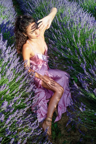 Photographic Documentation Beautiful Girl Lavender Field Sunset Time — Stockfoto
