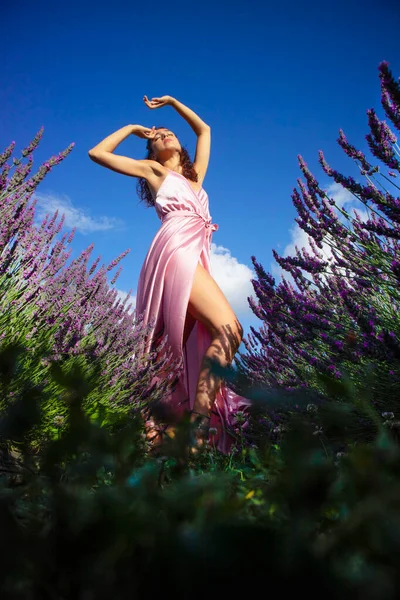 Photographic Documentation Beautiful Girl Lavender Field Sunset Time — Stockfoto