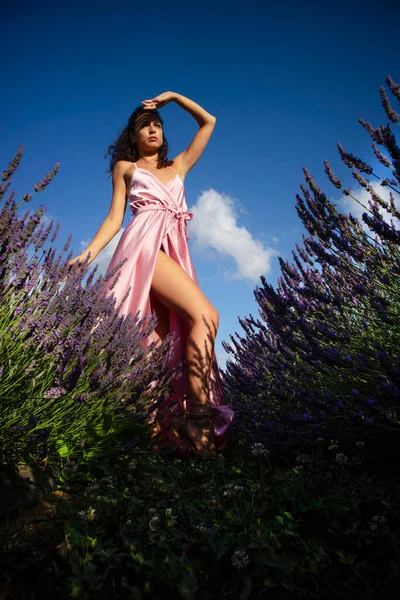 Photographic Documentation Beautiful Girl Lavender Field Sunset Time — Stockfoto