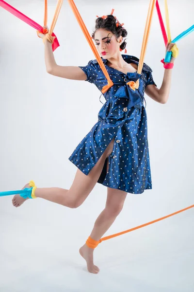 Photographic Representation Young Woman Dressed Puppet Imprisoned Her Strings — Stockfoto