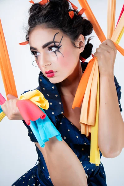 Photographic Representation Young Woman Dressed Puppet Imprisoned Her Strings — Stockfoto