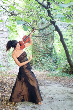 Photographic documentation of a beautiful girl playing the violin outdoors
