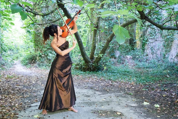 Photographic documentation of a beautiful girl playing the violin outdoors