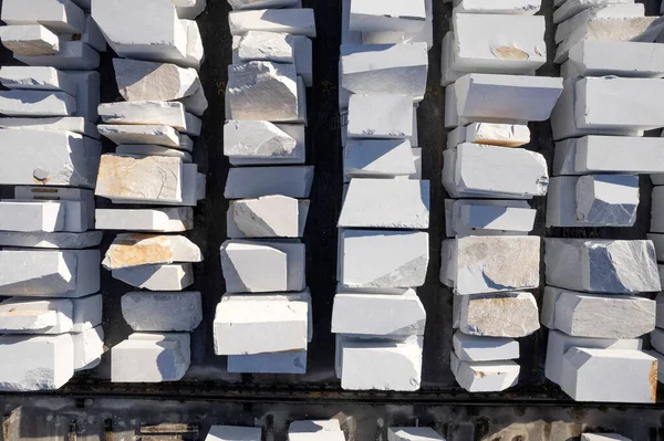 Aerial Photographic Documentation Warehouse White Marble Blocks Ready Shipment — Stock Photo, Image