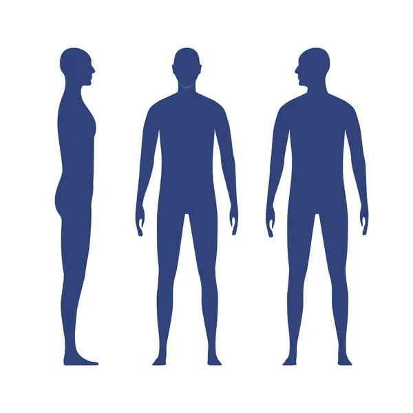 Fram- och sidvisningar människokroppen siluett av en vuxen man. Skuggan av en stående man med huvudet vänt mot axeln. — Stock vektor