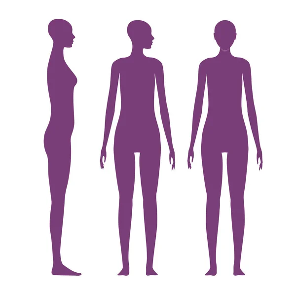 正面和侧面都能看到一个成年女性的身体轮廓。一个头转向肩膀的站着女人的影子. — 图库矢量图片