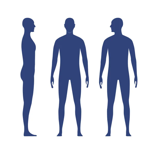 Vista frontal y lateral de la silueta del cuerpo humano de un varón adulto. Sombra de un hombre de pie con la cabeza vuelta al hombro. — Vector de stock