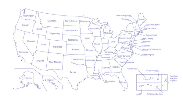Mapa Político Los Estados Unidos Con Títulos Los Estados Todas — Archivo Imágenes Vectoriales