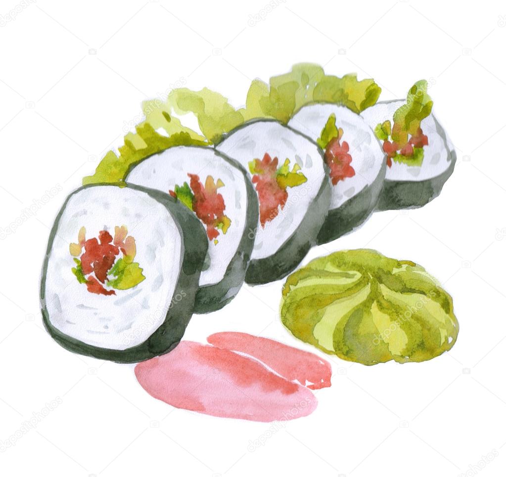 watercolor east food, sushi