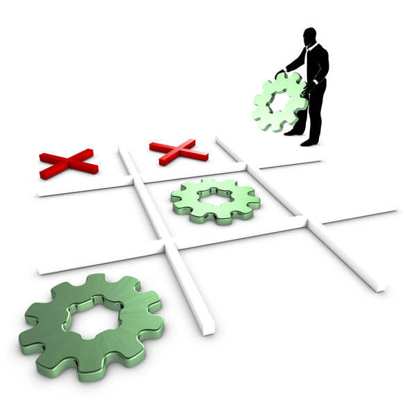 A businessman playing and winning Tic Tac Toe with gears