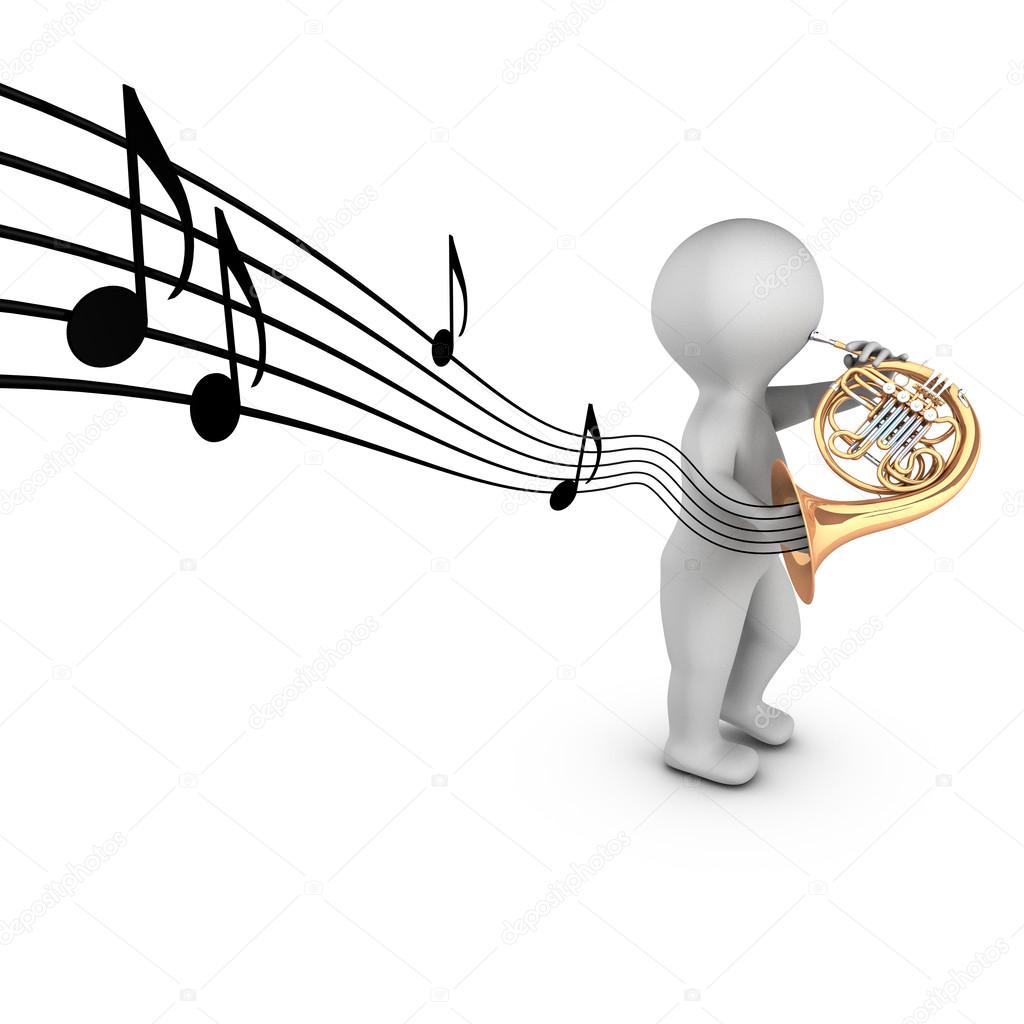 A 3D character playing french horn (corniste) with notes on a partition