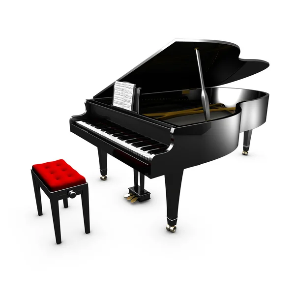 3D a ouvert le piano à queue et sa chaise. Fond blanc — Photo