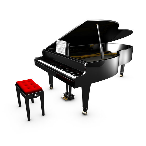 3D opened grand piano and its chair. White background