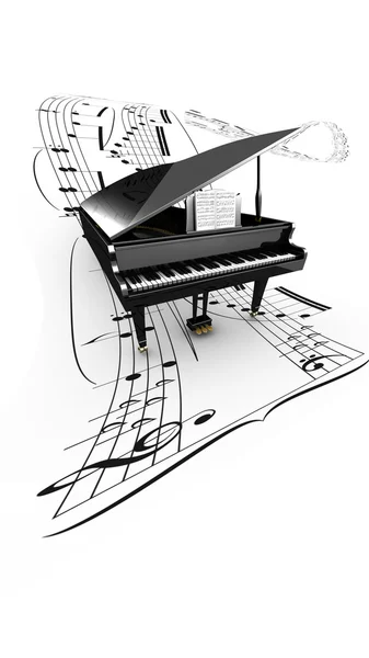 3D opened grand piano on a long flying partition — Stock Photo, Image