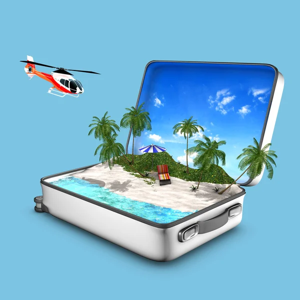Концепция открытого чемодана, который содержит райский пляж с морем, песком, травой, шезлонгом, вертолетом — стоковое фото