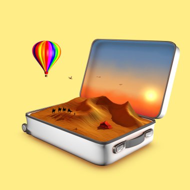 dunes, touaret çadır, deve, sıcak hava balonu ve bir sunset.this gösterir açık bavul seyahat için bir davettir. 3D illüstrasyon kavramı.